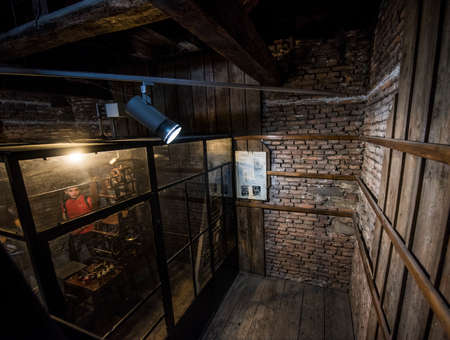 inside the medieval tower from sibiu, the access inside the tower is made on a small door, from here you go up a spiral staircase, which leads to the upper floors.の写真素材