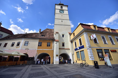 The council tower in Sibiu is a tower, under which there is a gangway between PiaÈa Mare and PiaÈa MicÄ and the entrance gate to the second belt of fortifications of the medieval city of Sibiuのeditorial素材