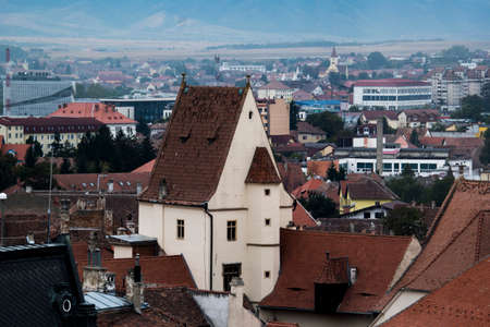 The medieval fortress of Sibiu seen from the council tower known as the Red City, due to the...