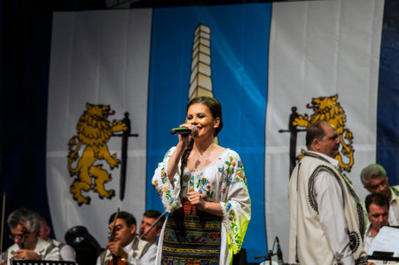 Artists in folk costume from GORJ The parts of the suit for women are the waist,thighs and front back,and for men it is the shirt,trousers, waistcoat and belt.のeditorial素材