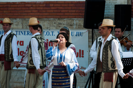 Artists in folk costume from GORJThe parts of the suit for women are the waist,thighs and front back,and for men it is the shirt,trousers, waistcoat and belt.のeditorial素材