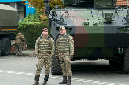 Military parade in Kiev, dedicated to the Independence Day of Ukraine. Members of military history club Red Starのeditorial素材
