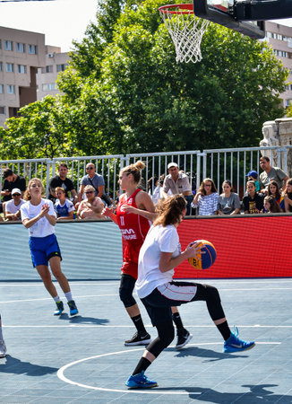 Unidentified people play Streetball. Streetball tournament in Moscowのeditorial素材