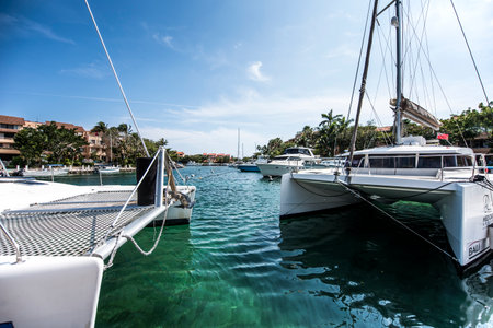 Luxury yachts moored in a marina in Santa Barbara, Californiaの写真素材