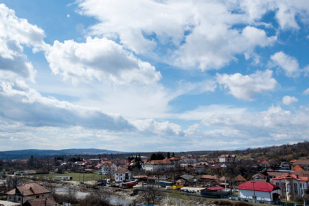 Panoramic view of the city of Sighisoara, Romaniaの写真素材