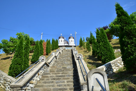 Stairs leading up to the Church of St. Francis of Assisi, Mount Athos, Chalkidiki, Greece