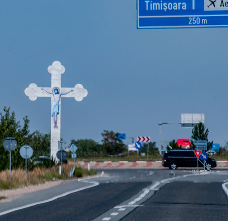 Road sign on a highway in the Netherlands. The road sign is painted white.の写真素材
