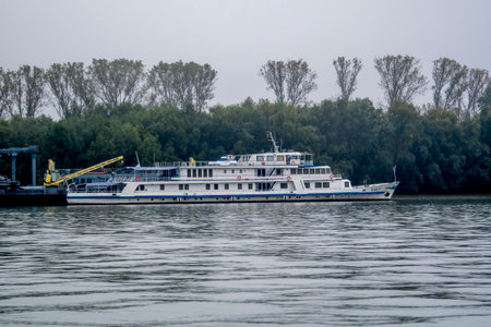 Ferry on the Danube River in Budapest, Hungary in a summer dayの写真素材