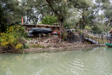 Fishermen village on the bank of a small river in Israelの写真素材