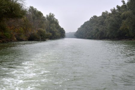 River landscape with trees and cloudy sky. Beautiful nature in autumn season.の写真素材