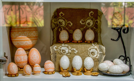 Easter eggs on display in a shop window, closeup of photo