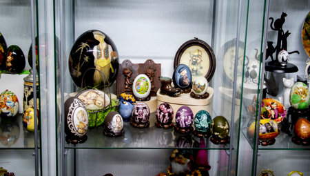 Beautiful colorful easter eggs on display in a shop window.の写真素材