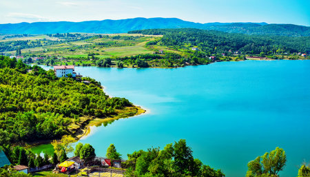 Panoramic view of the shore of Lake Bled in Sloveniaの写真素材