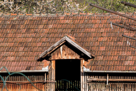 Old wooden shed on the roof of a country house in spring.の写真素材