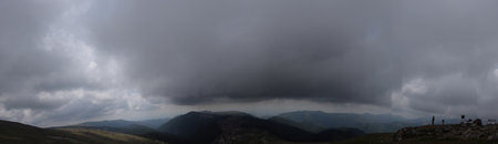 Panoramic view of mountains and clouds in the sky, Carpathians, Ukraineの写真素材