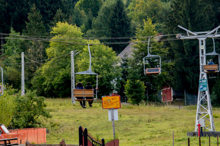 Ski lift in the Carpathian Mountains, Transylvania, Romaniaの写真素材