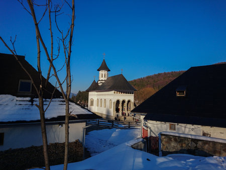 Church in the village in winter.