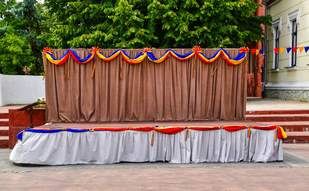 Decorated tent for a wedding ceremony in the yard of the houseの写真素材