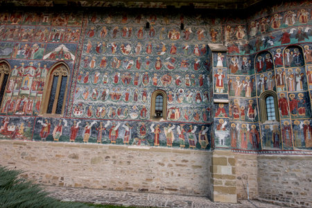 Detail of the frescoes on the facade of the Monastery of St. Nicholas in Zagreb, Croatiaの写真素材