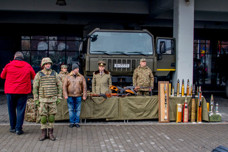 Unidentified participants of historical reenactment of 1945 WWII reenactment in Krakow, Poland.