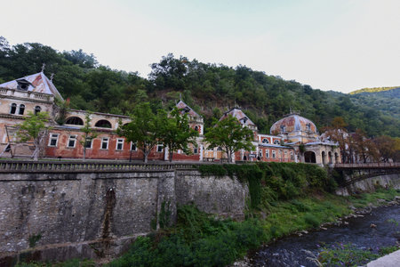 Houses on the banks of a riverの写真素材