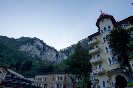 Mountain view in the town of Herculane Romaniaの写真素材