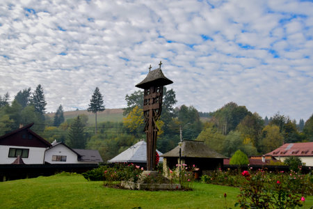 Wooden cross in the village of Hrvatska, Slovakiaの写真素材