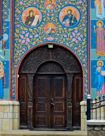 The entrance to the Church of the Intercession of Humor Romaniaの写真素材