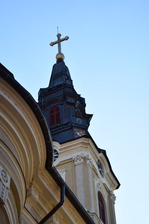 church steeple against the blue sky, Krakow, Polandの写真素材