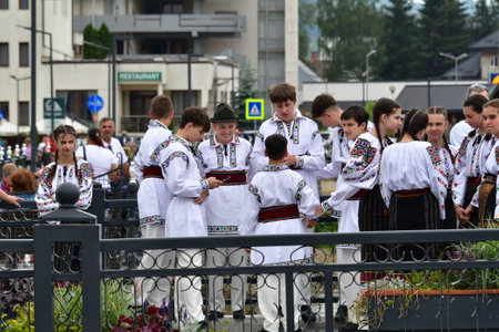 Unidentified people in traditional clothes at an annual festival.の写真素材