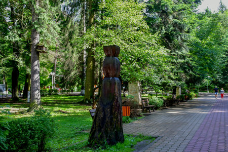 Wooden sculpture in the park in the center of the city.の写真素材