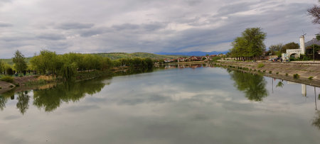 Panoramic view of the river and bridge in the village.の写真素材