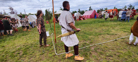 Unidentified participants of the festival of historical reconstruction. TÃ¢rgu Jiu Romania