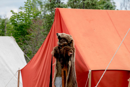 A bear costume is displayed in front of a red tent.