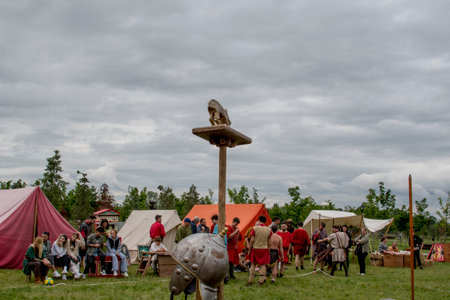 Unidentified people at historical reenactment festival Romaniaの写真素材
