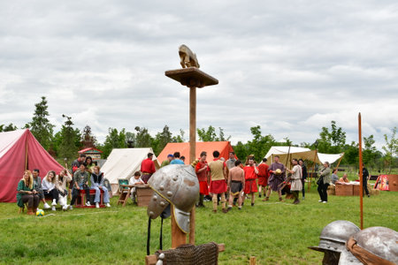 Unidentified people at medieval festival.