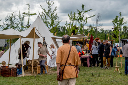 Unidentified people at medieval festival. TÃ¢rgu Jiu Romaniaの写真素材