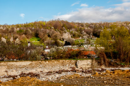 View of a small village in the middle of the forest during spring.