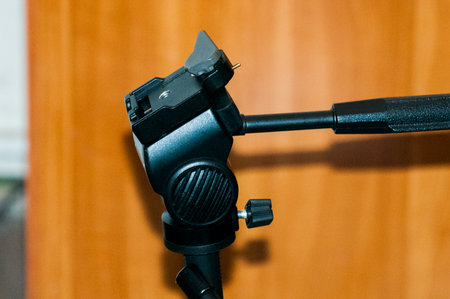 Close up of a microphone on a tripod with a blurred background.の写真素材