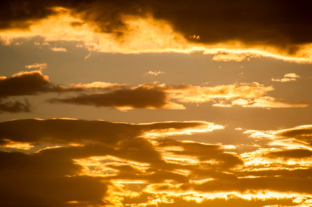 Sunset sky background with clouds and sunbeams. Toned.