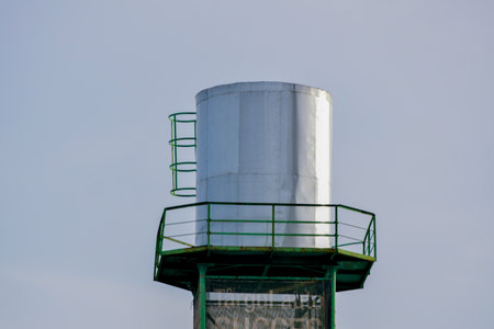 White oil tank on top of a building with blue sky background.の写真素材