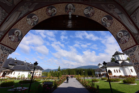 View of the main entrance to the Izvorul MureÈ™ului monastery Romania