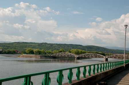 Bridge over the river in the city of Uzhgorod, Ukraineの写真素材