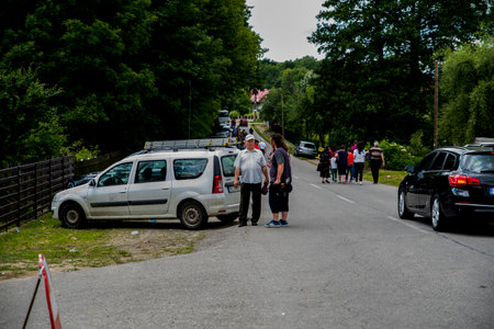 Unidentified people on the road.の写真素材