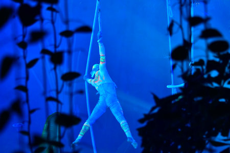 Chinese modern dancer performs on stage at JINCHENG theater in Chengdu, China.の写真素材