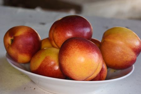 Ripe nectarines in a white bowl on the table.の写真素材