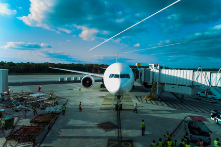 Airplane on the platform of the international airport in the evening.の写真素材