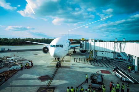 Airplane at the airport terminal ready for departure. Airplane is waiting for boarding.