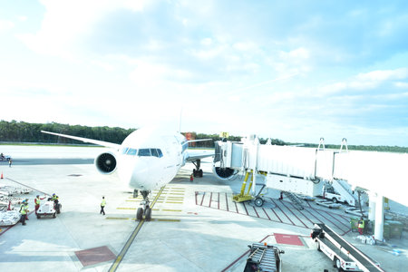 Airplane in the airfield, ready for take-off. Cancun Mexico