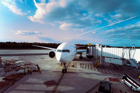 Airplane in the terminal of an international airport, waiting for boarding